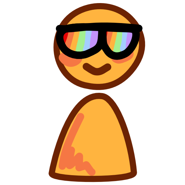 A smiling yellow figure wearing sunglasses with rainbow colored lenses has dark line art. 